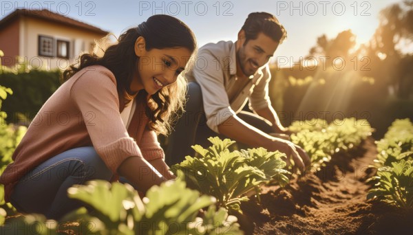 A man and a woman are working in a garden. They are both smiling and seem to be enjoying their time together. The garden is filled with various plants, including some green vegetables, AI generated