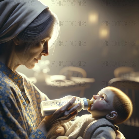 A grandmother in a headscarf gives her grandchild a bottle feed in a softly lit room, AI generated