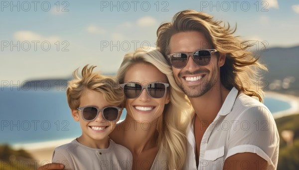 A family of three smiling and wearing sunglasses. The man is wearing a white shirt and the woman is wearing a white shirt and sunglasses. The image has a happy and relaxed mood, AI generated