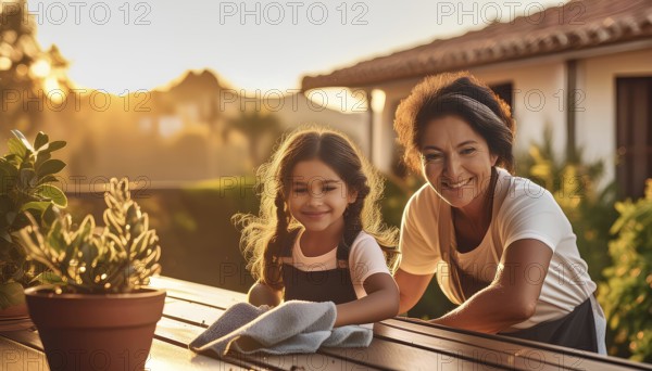 A woman and a little girl are standing next to a potted plant. Scene is warm and friendly, as the two women are spending time together outdoors, AI generated