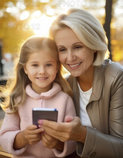 A woman and a little girl are sitting together and looking at a cell phone. The woman is smiling and the girl is also smiling. Scene is happy and friendly, AI generated