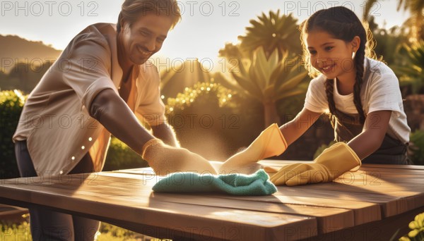A man and a girl are cleaning a table together. The man is wearing a white shirt and the girl is wearing a white shirt and an apron. They are both smiling and seem to be enjoying their time together, AI generated