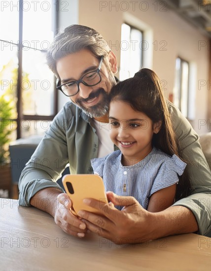 Father and daughter enjoying time together, browsing social media or watching videos on a smartphone, AI generated