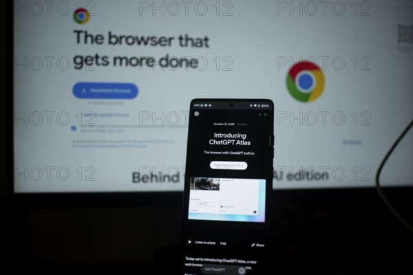 ChatGPT Atlas on a smartphone with Chrome logo and text in the background
