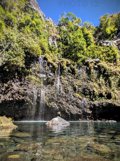 Peaceful waterfall cascading into a clear pool surrounded by rocks and dense greenery, La Réunion, France