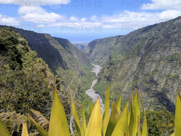 Scenic valley with a river, flanked by steep mountains and lush greenery beneath a partly cloudy sky, La Réunion, France