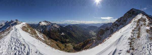 Autumn atmosphere, snow on mountain peaks, Vordernberger Griesmauer, Leobner Mauer and Hochturm, in the valley the village of Vordernberg, panoramic picture, Styria, Austria