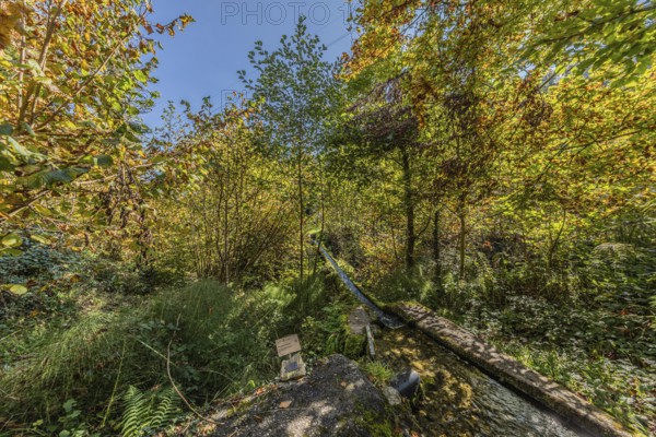 The artificial water channel that used to power the historic oil mill and sawmill in Böttstein. Böttstein, Aargau, Switzerland