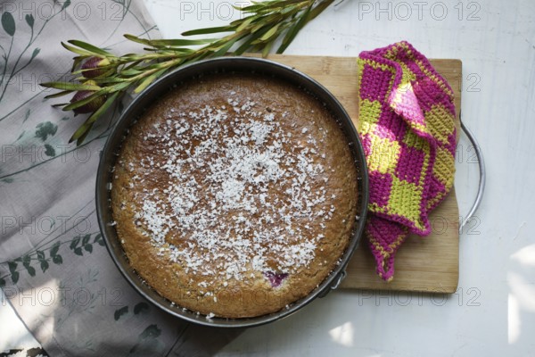 Coconut cake in an antique baking dish on a wooden board
