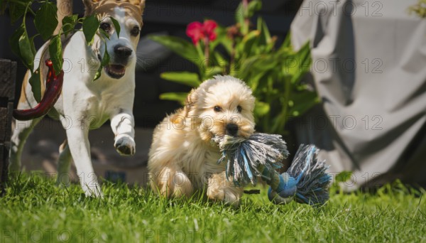 Maltipoo and Beagle dogs energetically playing with a toy on a grassy lawn, Graz, Austria