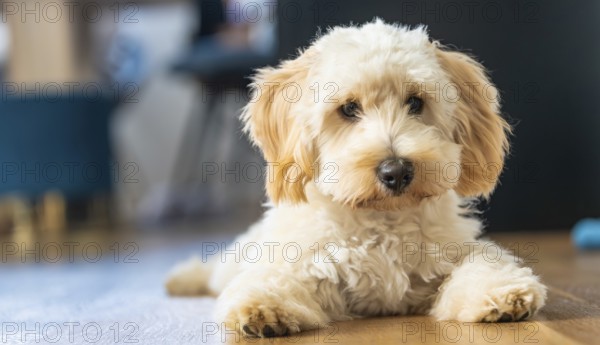 A fluffy beige Maltipoo dog looks content as it lies on a wooden floor in a peaceful home environment, Graz, Austria