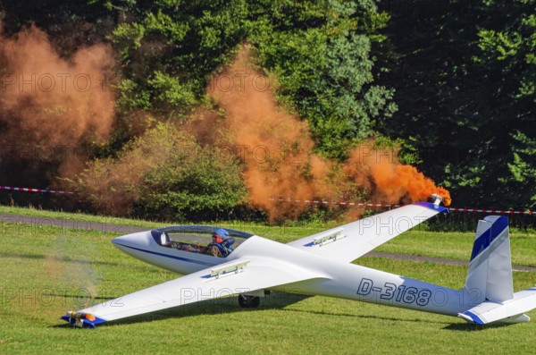 A Marganski Swift S-1 glider, registration D-3168, during a demonstration as part of an air show at the Fliegerbergfest of the Rossfeld Luftsportverein in Metzingen-Glems, Baden-Württemberg, Germany, for editorial use only