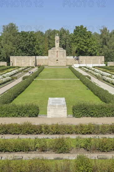 Burial ground, statue of Mother Latvia with her fallen sons in the back, Brothers' Cemetery, National Memorial to the Fallen of the First World War and the Latvian Independence Struggle, Riga, Latvia