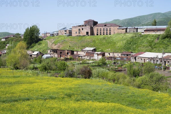 Rural village on green hills with scattered buildings and fields, Kechut, Kushchi, Kush-Bilyak, Wajoz Dzor Province, Vayots Dzor, Armenia