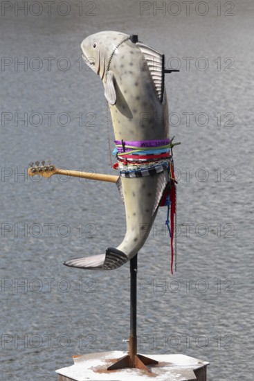 Fish sculpture with guitar, art installation What If They Bark by conceptual artist Cosima von Bonin, Urbane Künste Ruhr, Duisburg, North Rhine-Westphalia, Germany