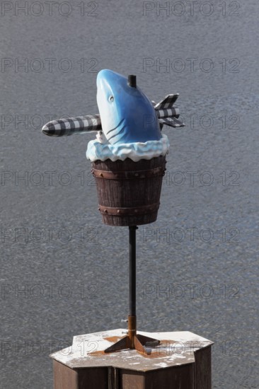 Fish sculpture with rocket in mouth, art installation What If They Bark by conceptual artist Cosima von Bonin, Urbane Künste Ruhr, Duisburg, North Rhine-Westphalia, Germany