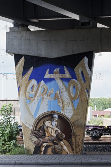 Gerhard Mercator graffiti on a concrete pillar of the A59, famous geographer of the 16th century, Duisburg, North Rhine-Westphalia, Germany
