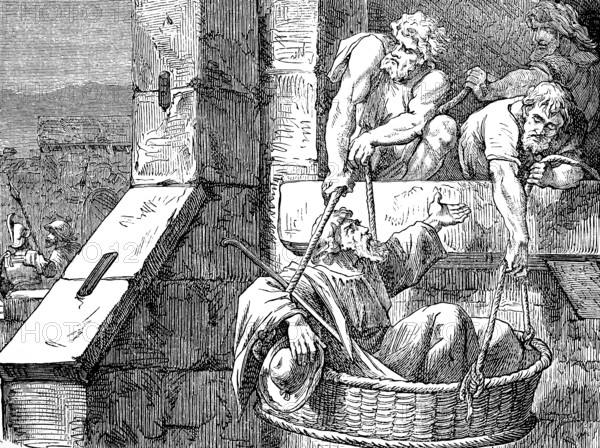 Paul flees in a basket through a window on the wall and escapes from Damascus, 2nd letter to the Corinthians, chapter 11, steward, king Aretas, seizing, escaping, New Testament, Bible, historical illustration 1877
