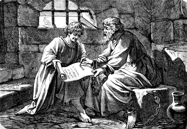In prison, Paul concludes the letter to the Colossians and hands it over to Tychicus, the faithful servant and servant, letter to the Colossians, chapter 4, greetings, grace, courage, God, grid, chained, anklet, New Testament, Bible, historical illustration 1877