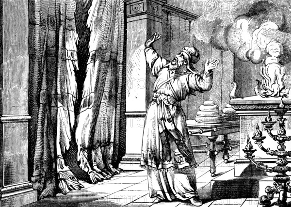 The curtain is torn, the way is open, letter to the Hebrews, chapter 1, altar, fire, smoke, candelabra, angel of God, New Testament, Bible, historical illustration 1877