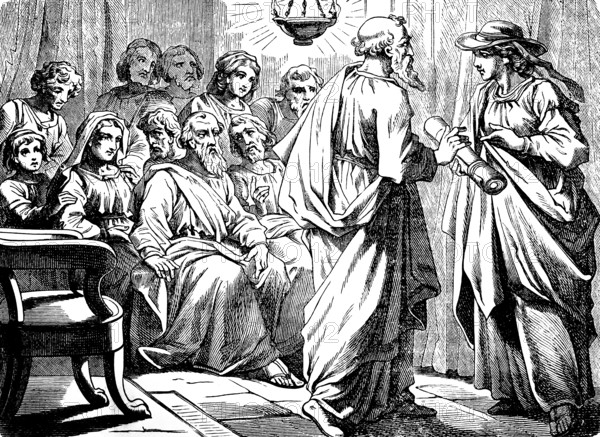 Paul hands Phoebe the letter to Christians in Rome, epistle of St. Paul to the Romans, chapter 16, Sister Phoebe, Kenchrea, assistance, room, oil lamp, group, New Testament, Bible, historical illustration 1877