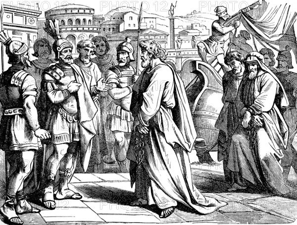 Paul's arrival in Rome, reception by the commander of the imperial bodyguard, Acts of St. Luke, chapter 28, port, ship, soldiers, New Testament, Bible, historical illustration 1877