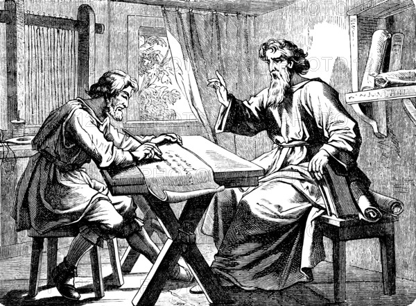 Paul dictates to Tertius the letter to the Romans, epistle of St. Paul to the Romans, chapter 16, room, table, bench, scrolls, scribe, pen, New Testament, Bible, historical illustration 1877