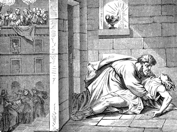 Eutychus fell down in deep sleep and died, Paul awakens him, his soul is in him, Acts of St. Luke, chapter 19, boy, comfort, Troas, New Testament, Bible, historical illustration 1877