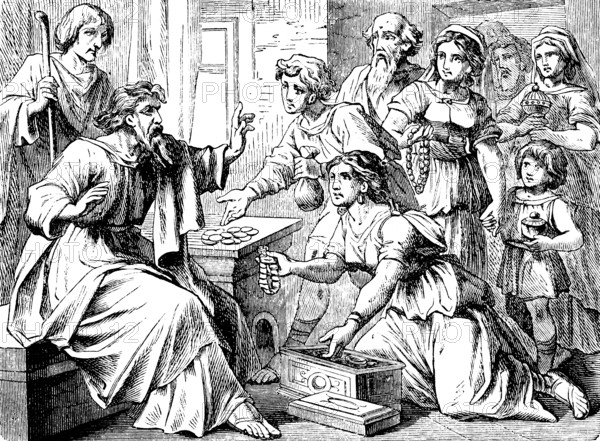 Paul receives gifts of love for the poor Christians in Jejuselah, Who collects much does not have abundance, 2 Corinthians letter, chapter 8, money, collection, coins, box, money bag, table, generosity, grace of Jesus Christ, New Testament, Bible, historical illustration 1877