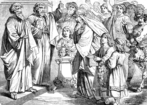 Paul and Barnabas are arguing about the question of circumcision in the manner of Moses, Jerusalem, Acts of St. Luke, chapter 15, Pharisee, congregation, apostle, God, law of Moses, Peter, Gospel, Holy Spirit, New Testament, Bible, historical illustration 1877