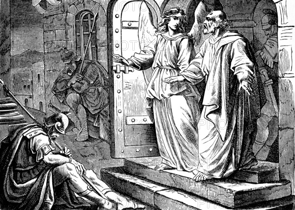 An angel frees Peter from prison, get up and the chains fell from his hands, Acts of St. Luke, chapter 12, King Herod, prison, sleep, night, angel of God, four watchmen, divine help, New Testament, Bible, historical illustration 1877