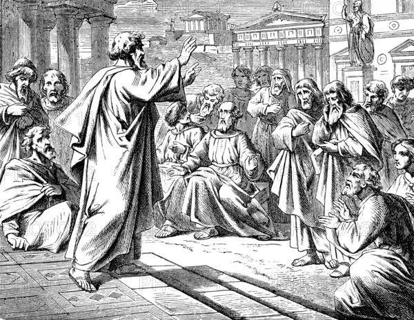 Paul preaching on the place of execution in Athens, Acts of St. Luke, chapter 1, unknown god, new doctrine, Gospel, Athenian, foreigner, superstition, resurrection, ridicule, New Testament, Bible, historical illustration 1877