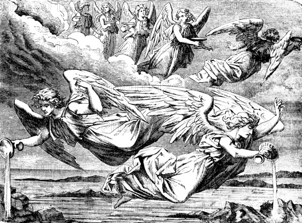 The schools of wrath, pour the seven bowls of the wrath of God over the earth, the sea became blood, Lord, God and ruler of all creation. The Revelation of the Evangelist St. John, chapter 16, New Testament, seven angels, mountains, animal, ulcer, saints, prophets, Bible, historical illustration 1877