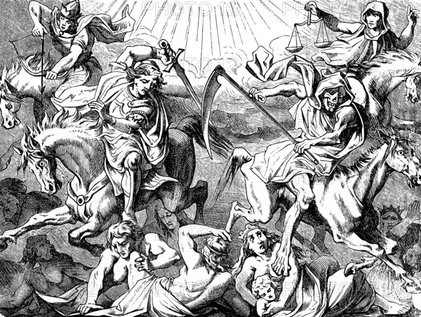 Opening of the four seals, The Revelation of the Evangelist St. John, chapter 6, ray of light, crown, horses, peace, scale, sickle, bow and arrow, sword, death, hell, hunger, earth, wheat, groschen, words of God, earthquake, moon, blood, stars, mountains, Bible, historical illustration 1877