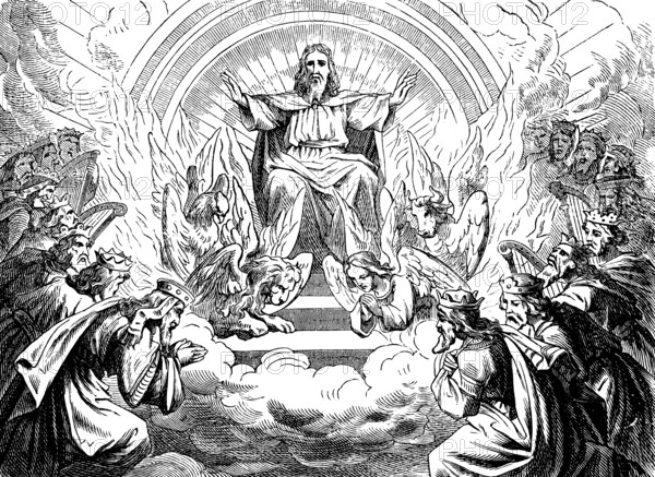 The Throne of the Majesty of God, See in Heaven, The Revelation of St. John the Evangelist, Chapter 4, Rainbow, Emerald, 24 Chairs, 24 Elders, White Garments, Golden Crowns, Seven Facles, Seven Spirits of God, Lion, Calf, Flying Eagle, New Testament, Bible, Historical Illustration 1877