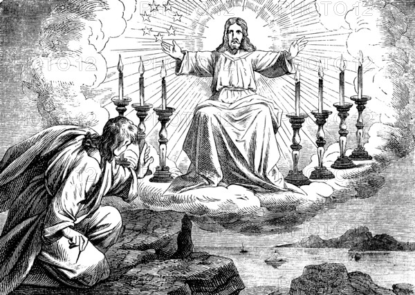 Symbolic picture for the introduction, John looking at the Son of Man among the seven lamps, The Revelation of the Evangelist St. John, chapter 1, cloud in the sky, ray of light, seascape, mountains, islands, seven spirits of God, New Testament, Bible, historical illustration 1877