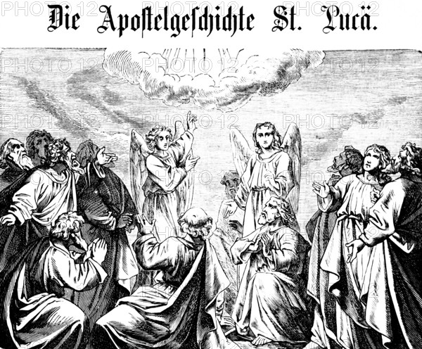 Symbolic picture of the Ascension of the Acts of the Apostles St. Luke, ray of light, cloud, angel, Jesus' disciples, title, New Testament, Bible, historical illustration 1877
