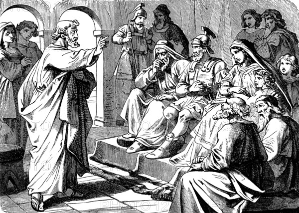 Peter preaches to gentiles in the house of Cornelius, a Roman captain, Acts of St. Luke, chapter 10, forgiveness of sins, circumcision, holy spirit, praise God, Roman Empire, Roman, baptism, Christianity, New Testament, Bible, historical illustration 1877
