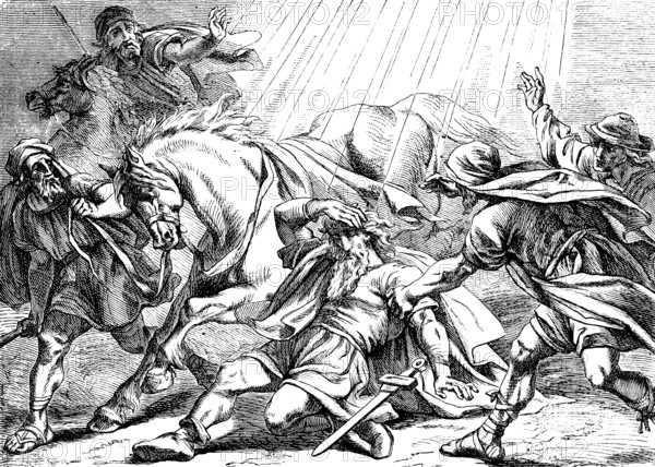 Light from heaven, Saul on the way to Damascus, I am Jesus whom you are persecuting, Acts of St. Luke, chapter 9, ray of light, voice, confusion, stalking, fear, rider, New Testament, Bible, historical illustration 1877