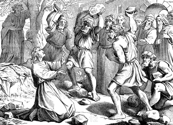 Stoning of St. Stephen, Lord Jesus receive my spirit, Acts of St. Luke, chapter 7, anger, death, killing, stoning, first martyr, New Testament, Bible, historical illustration 1877