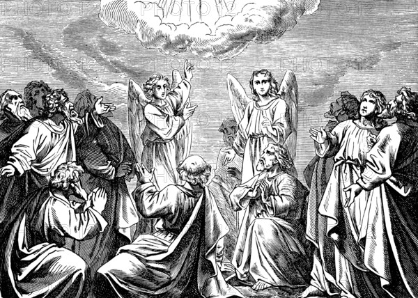 Symbolic picture of the Ascension of the Acts of the Apostles St. Luke, ray of light, cloud, angel, Jesus' disciples, New Testament, Bible, historical illustration 1877