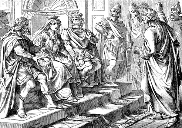 Paul in front of King Agrippa, his sister Benice and Festus in the Judgment House, Acts of St. Luke, chapter 26, speech, presentation, curriculum vitae, God, Pharisee, New Testament, Bible, historical illustration 1877