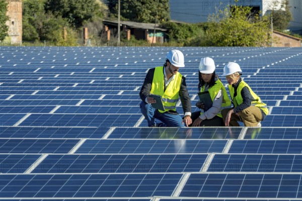 Group of diverse solar energy specialists wearing hard hats and safety vests inspecting photovoltaic panels, demonstrating teamwork and renewable energy development