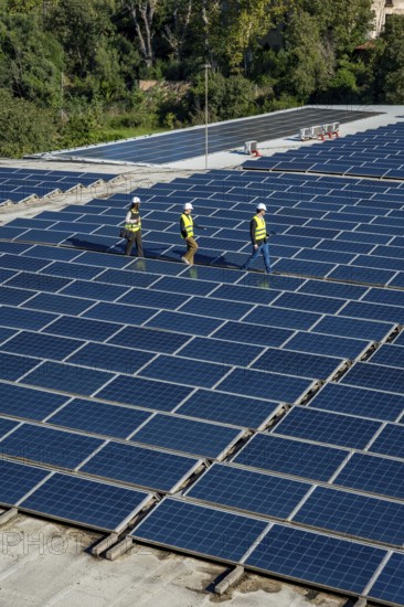 Engineers wearing safety gear are walking along rows of extensive solar panels on a rooftop, symbolizing sustainable development and renewable energy production