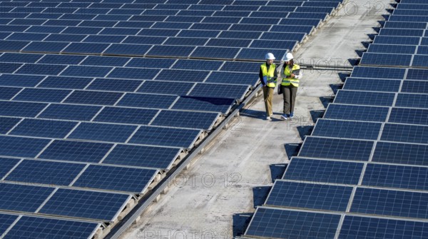 Two engineers wearing hard hats and safety vests walking on a rooftop solar farm, planning installation or performing maintenance on renewable energy power generation system