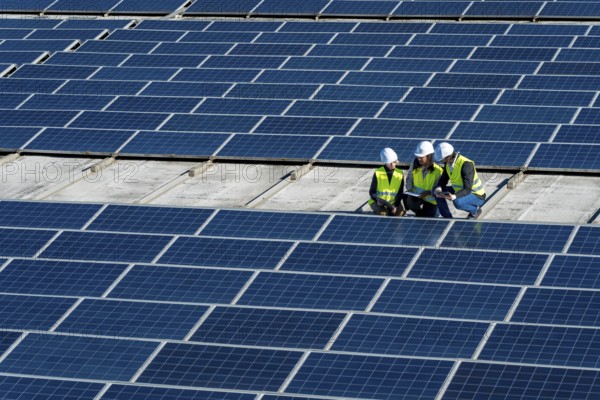 Team of diverse engineers wearing white hard hats and high visibility vests inspecting an array of solar panels, collaborating on sustainable energy generation and technological innovation