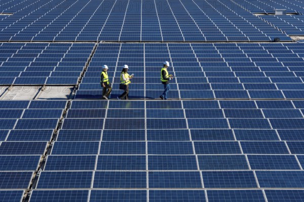 Team of diverse engineers walking across a large solar farm, checking photovoltaic panels and ensuring the efficient operation of the renewable energy facility
