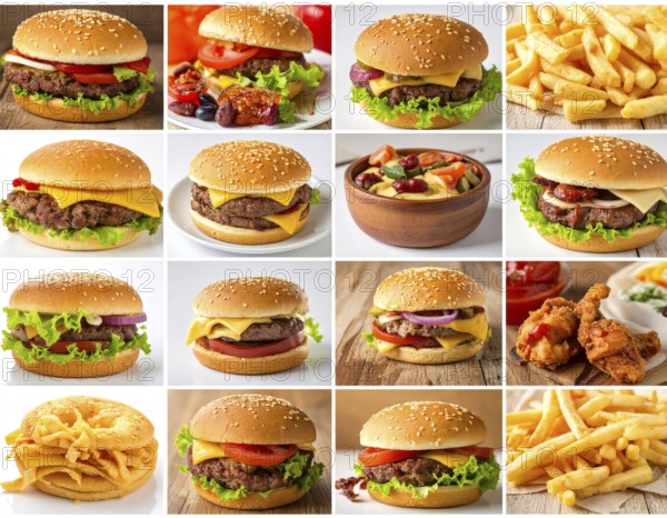 Collage of various fast food meals. beagles, hamburger, cheeseburger, french fries and a view green salad pieces, unhealthy lifestyle, symbol for bad nutrition, wallpaper illustration for banner or template background, AI generated