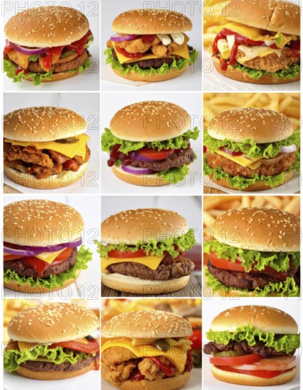 Collage of various fast food meals. beagles, hamburger, cheeseburger, french fries and a view green salad pieces, unhealthy lifestyle, symbol for bad nutrition, wallpaper illustration for banner or template background, AI generated