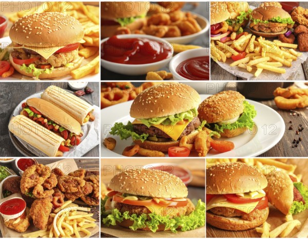 Collage of various fast food meals. beagles, hamburger, cheeseburger, french fries and a view green salad pieces, unhealthy lifestyle, symbol for bad nutrition, wallpaper illustration for banner or template background, AI generated